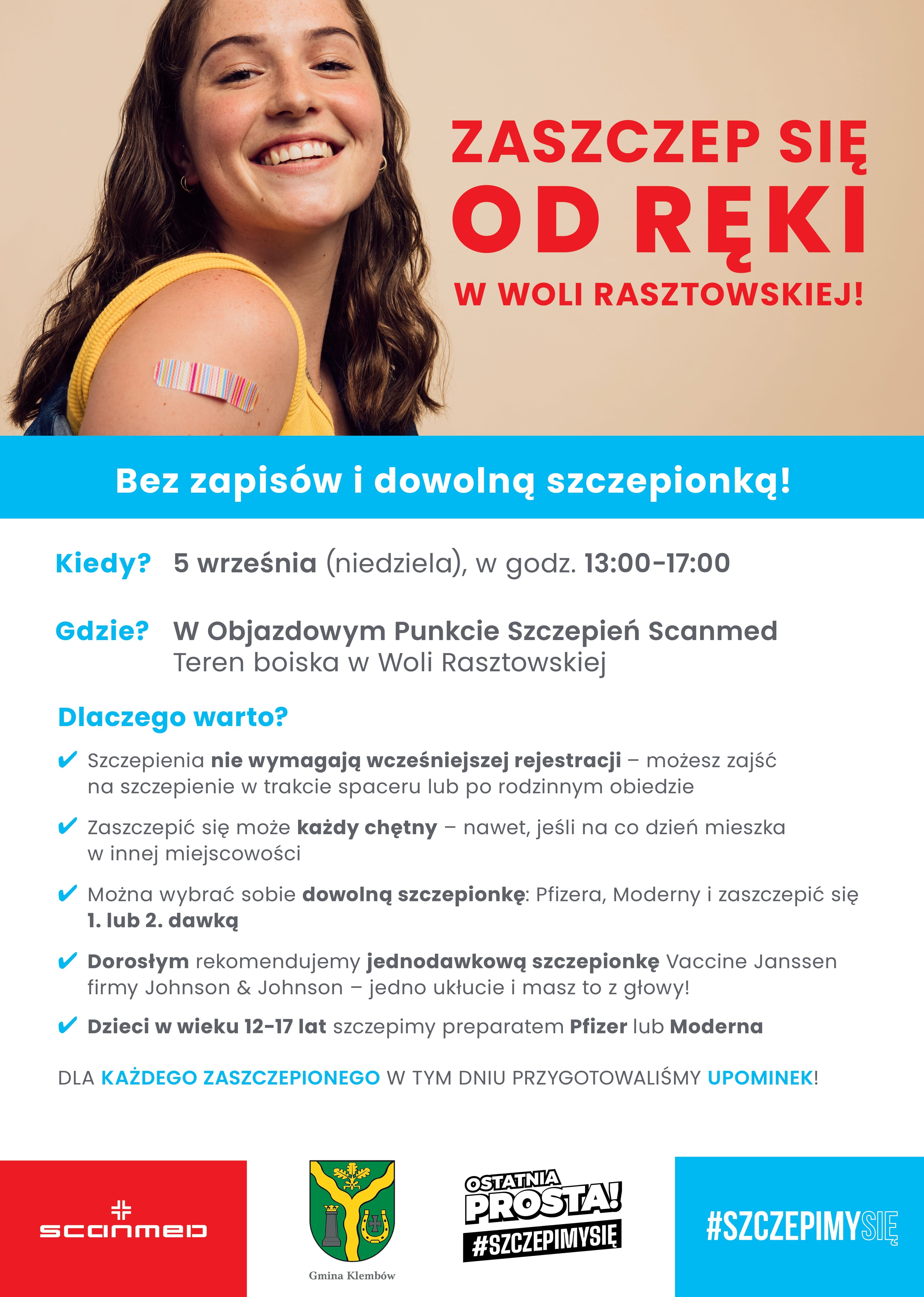 Zaszczep się od ręki. Mobilny punkt szczepień w Woli Rasztowskiej, na orliku, w dniu 05 września 2021r. Godziny 13-17.