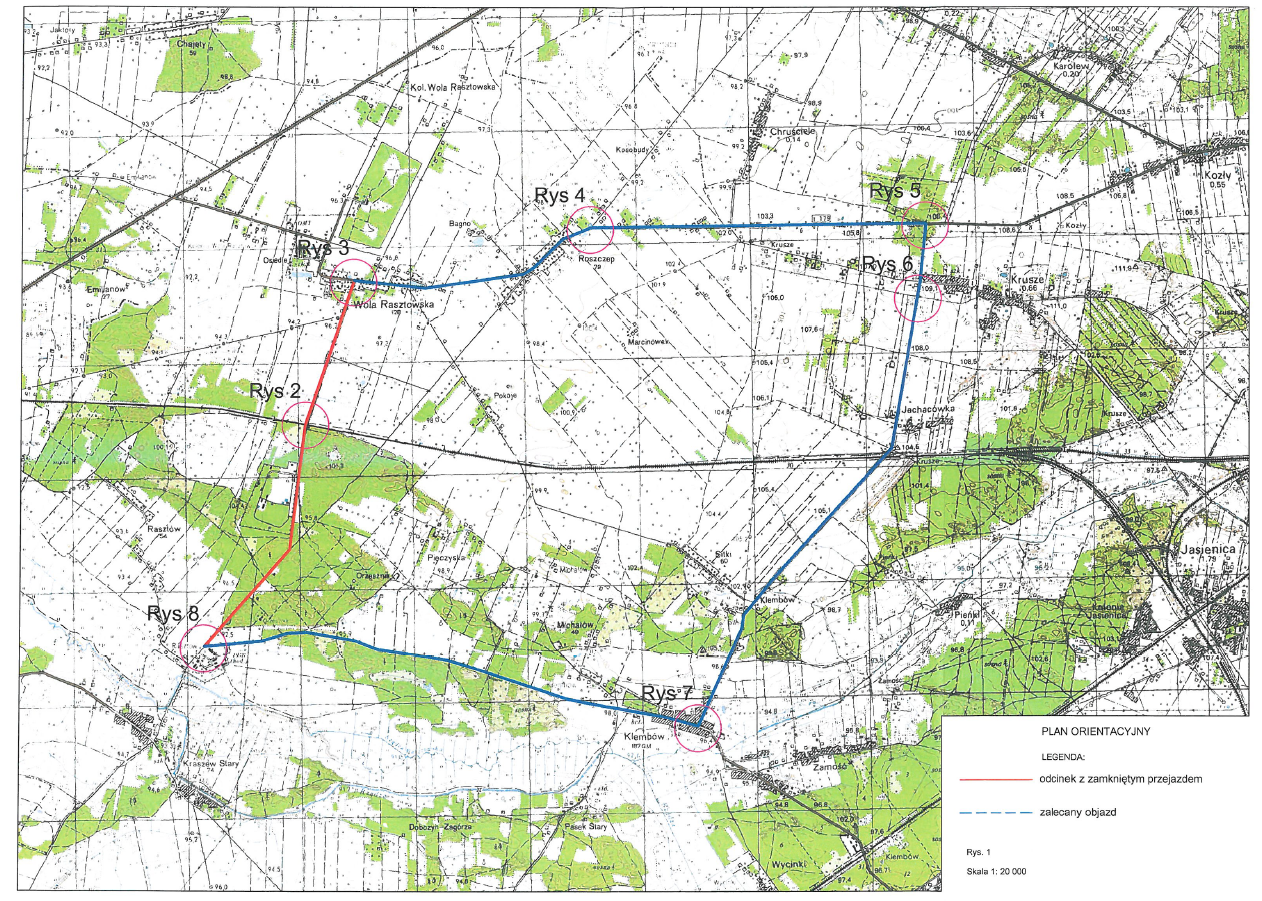 Mapa objazdu zamkniętego przejazdu kolejowego w Emilianowie