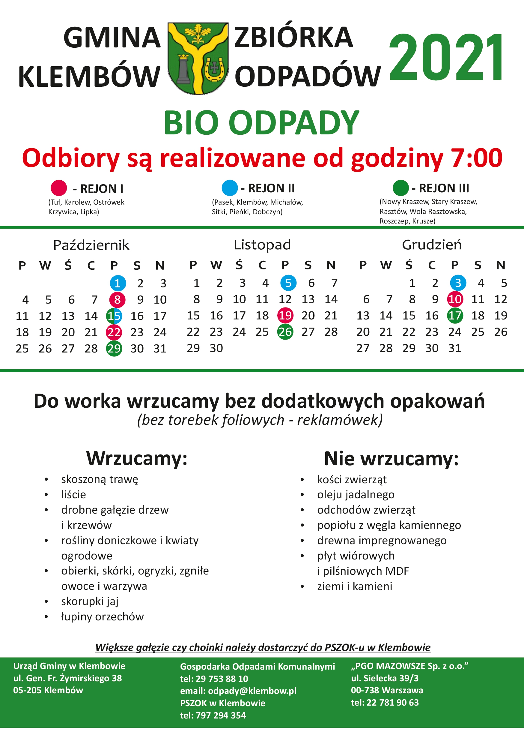 Zdjęcie przedstawia harmonogram odbioru odpadów wraz z zaznaczonymi na kolorowo rejonami i terminami odbiorów.