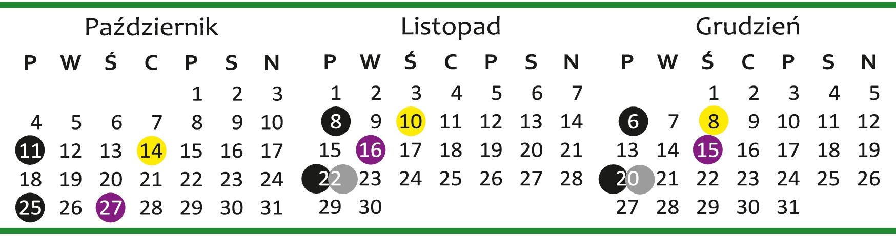 Zdjęcie przedstawia harmonogram odbioru odpadów wraz z zaznaczonymi na kolorowo terminami odbiorów.
