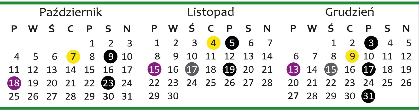 Zdjęcie przedstawia harmonogram odbioru odpadów wraz z zaznaczonymi na kolorowo terminami odbiorów.