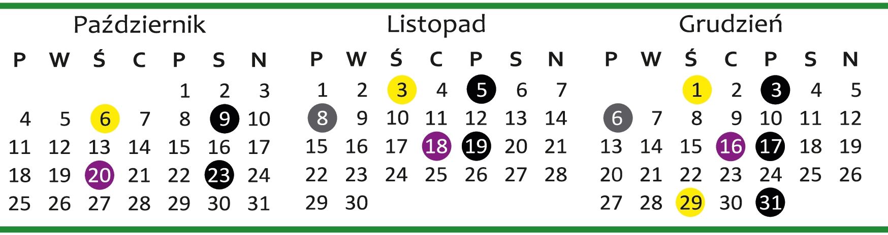 Zdjęcie przedstawia harmonogram odbioru odpadów wraz z zaznaczonymi na kolorowo terminami odbiorów.