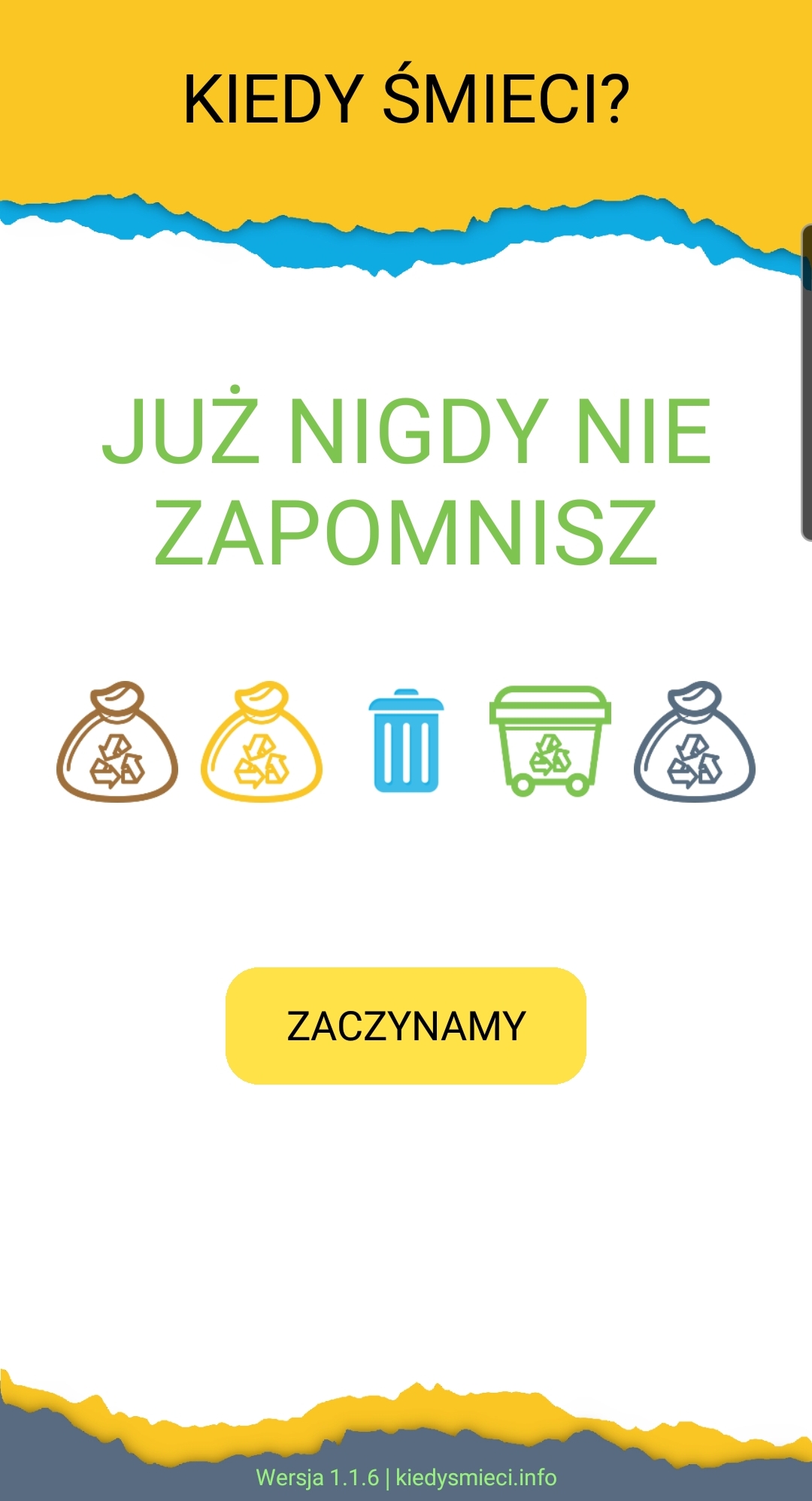 Już nigdy nie zapomnisz - ekran startowy aplikacji Kiedy Śmieci