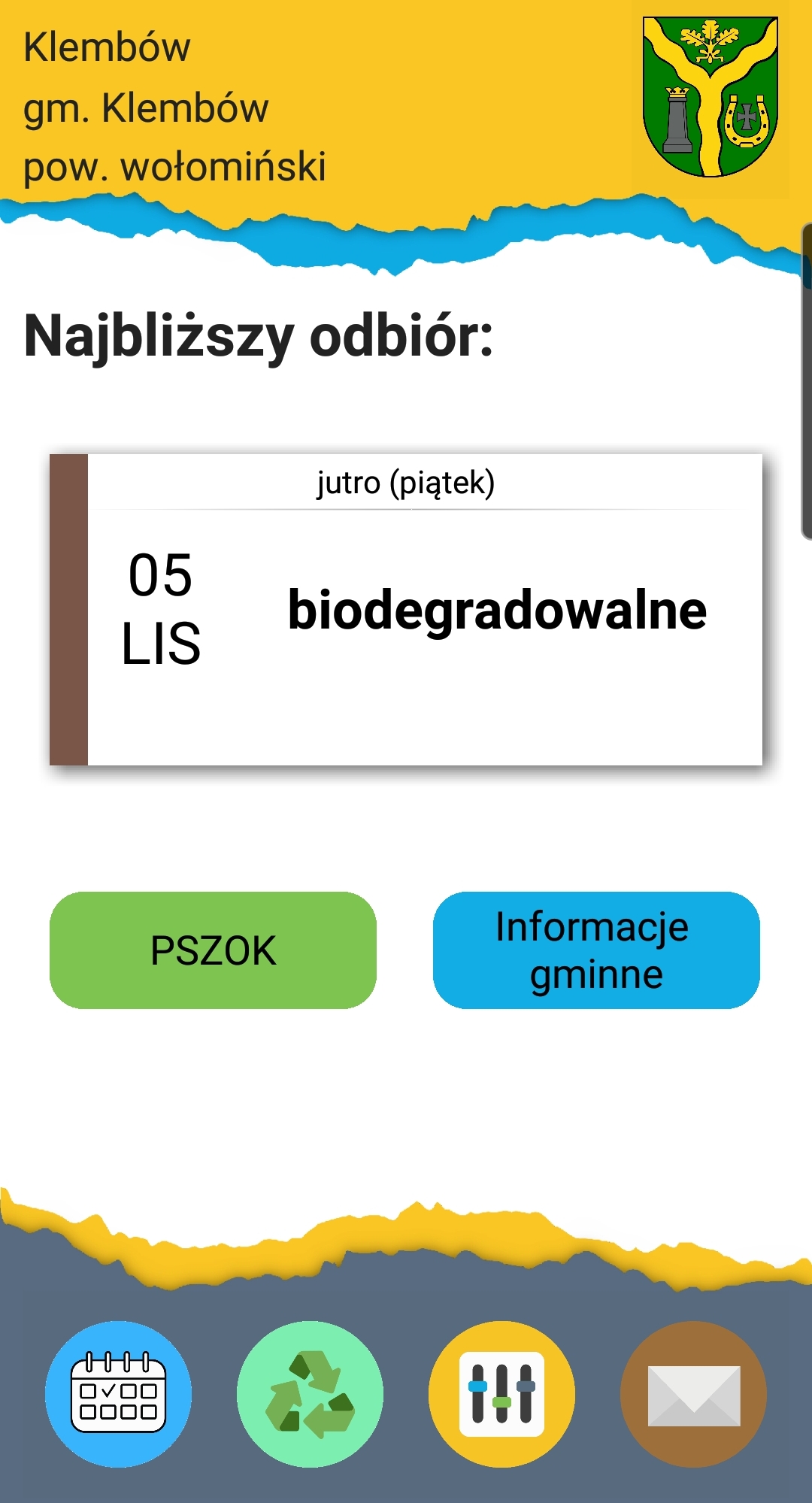 Ekran aplikacji Kiedy Śmieci mówiący o najbliższym terminie odbioru odpadów