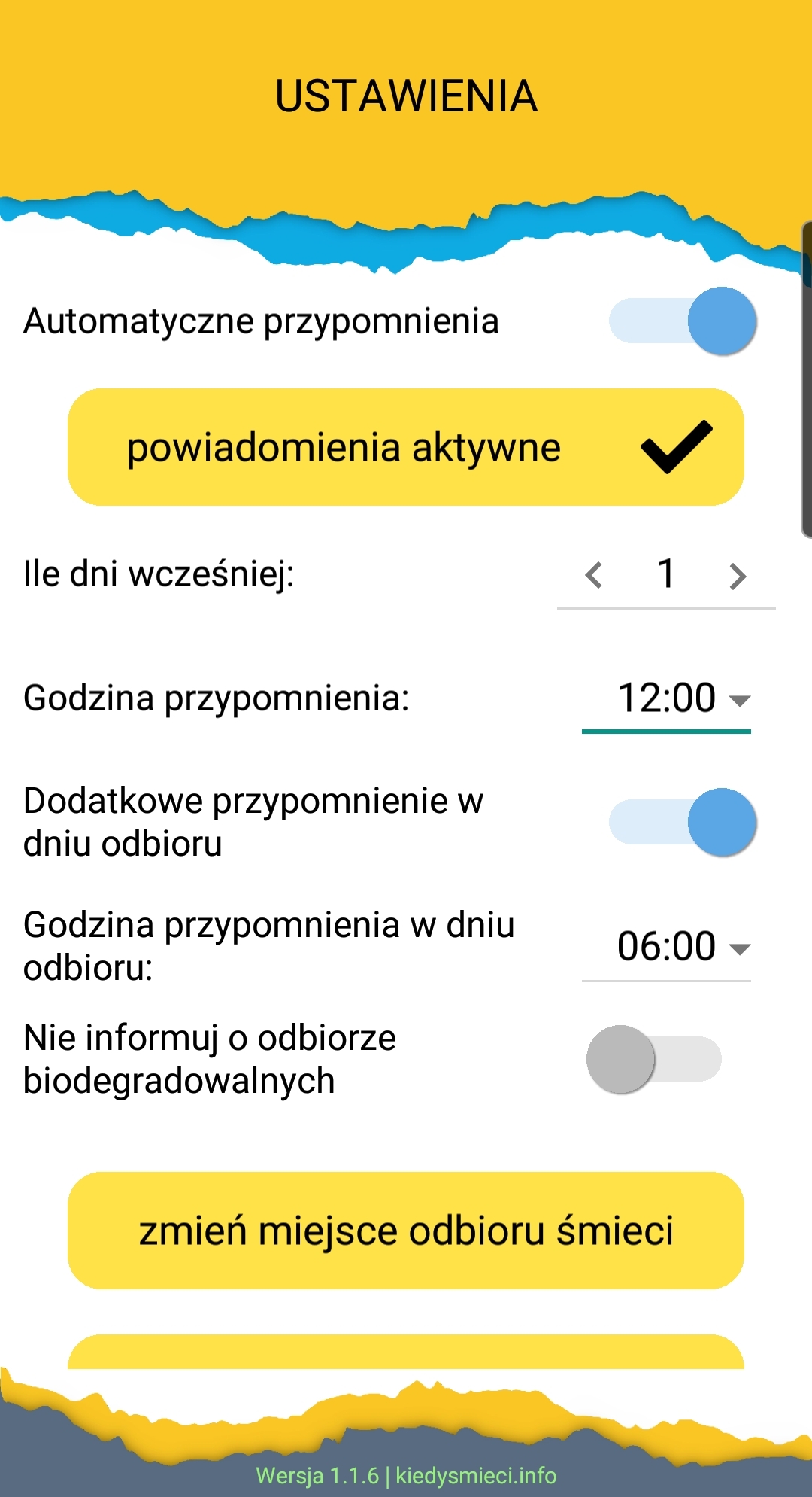 Ekran aplikacji Kiedy Śmieci służący do ustawienia przypomnieć do odbioru odpadów