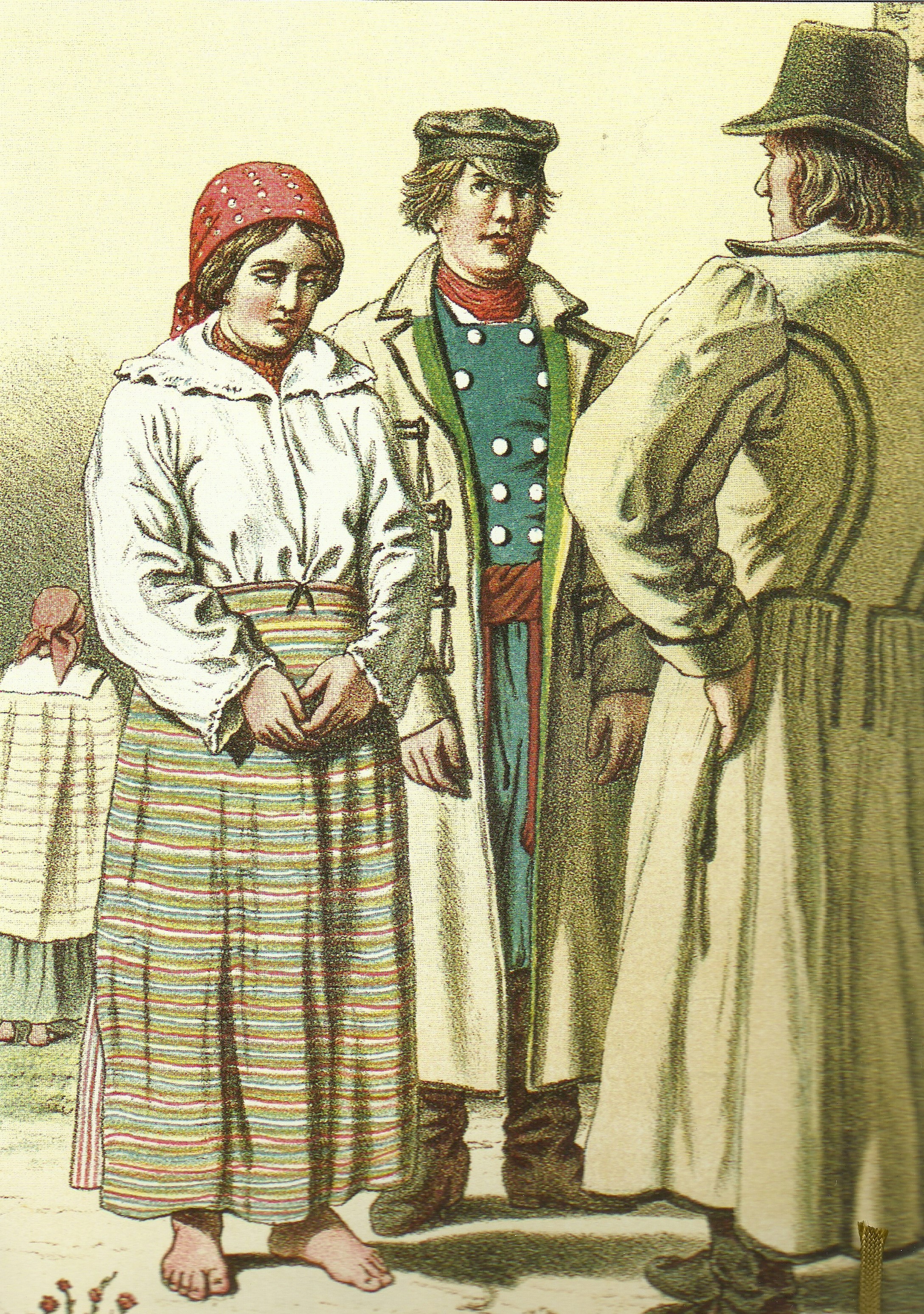 Obraz przedstawiający mieszkańców XIX wieku z terenów od Radzymina do Serocka w strojach ludowych, mal. W. Gerson [w:]O. Kolberg, Mazowsze, Obraz Etnograficzny, t.3: Mazowsze Leśne, Kraków 1887, pomiędzy s.IX-4