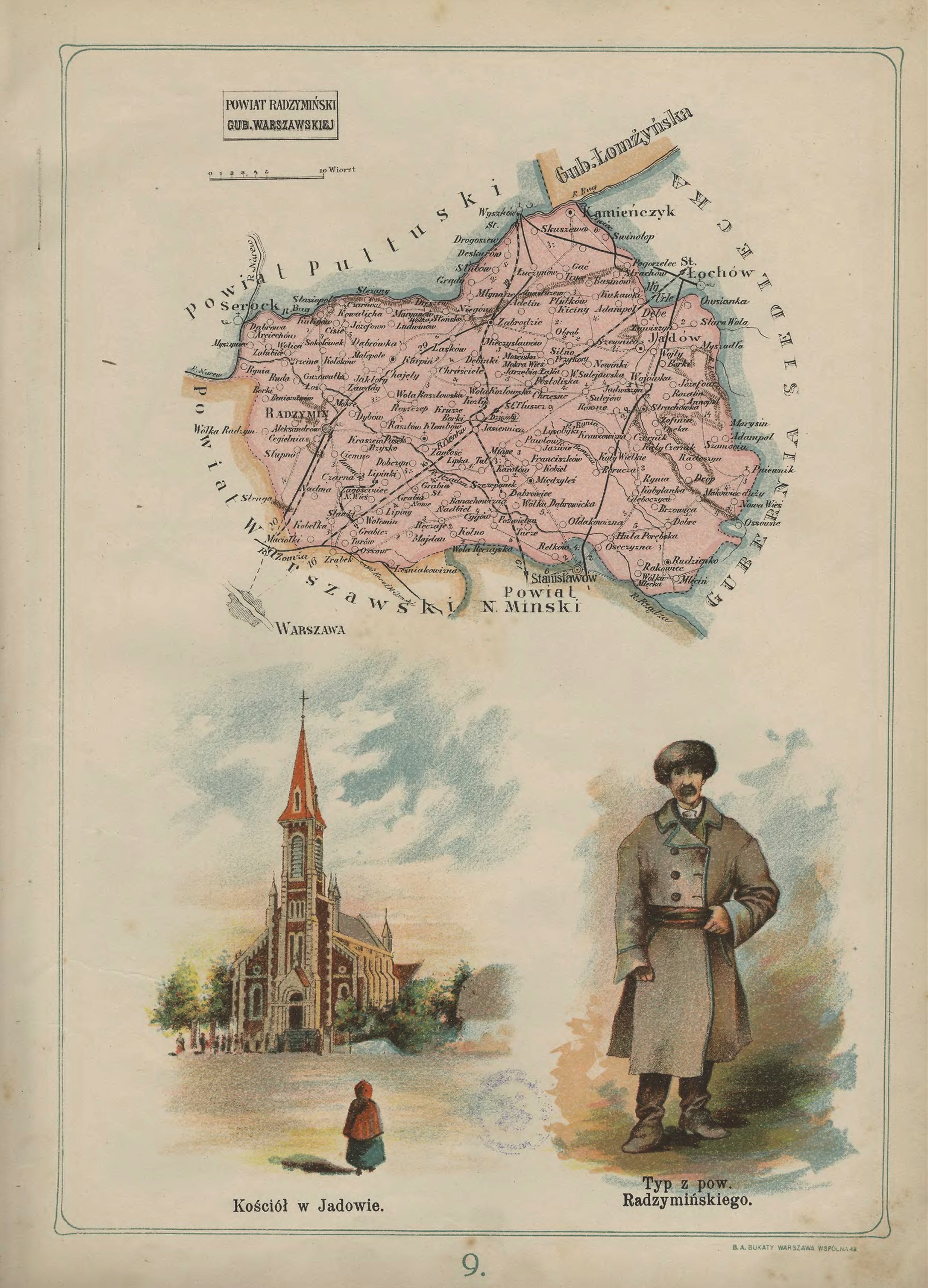 Mapa powiatu radzymińskiego, gubernia warszawska atlas geograficzny i typ z pow. Radzymińskiego; Kościół w Jadowie