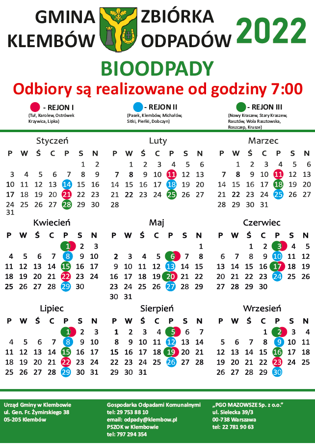 Harmonogram odbioru bioodpadów komunalnych na rok 2020 w Gminie Klembów dla wszystkich 3 rejonów - część 1