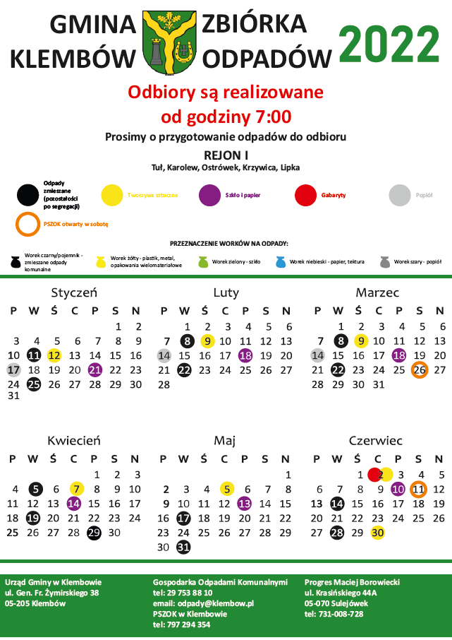 Harmonogram odbioru pozostałych frakcji odpadów na rok 2020 w Gminie Klembów dla rejonu nr I - część 1