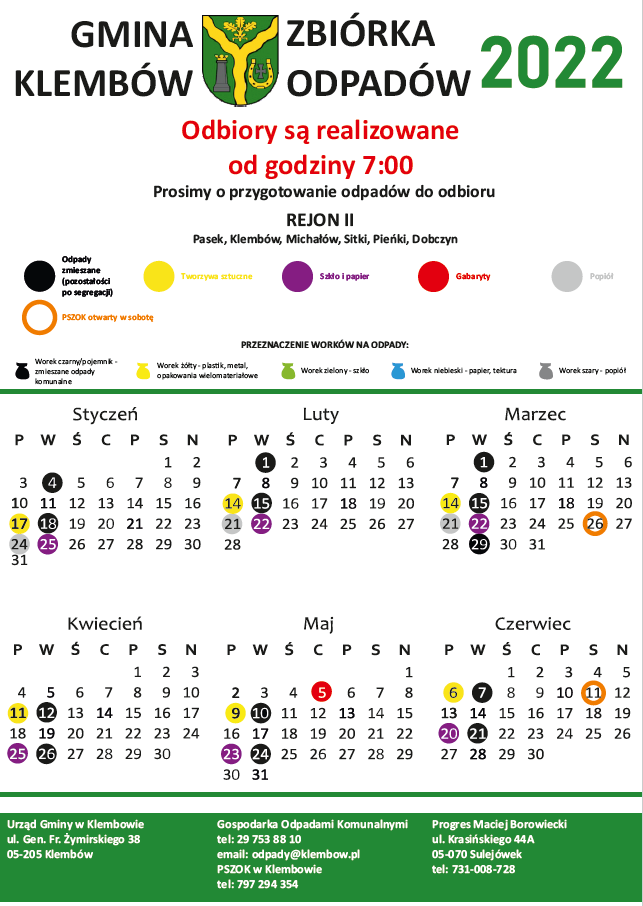 Harmonogram odbioru pozostałych frakcji odpadów na rok 2020 w Gminie Klembów dla rejonu nr II - część 1