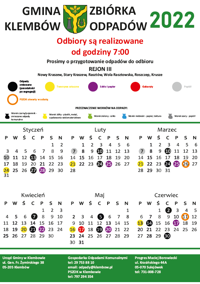 Harmonogram odbioru pozostałych frakcji odpadów na rok 2020 w Gminie Klembów dla rejonu nr III - część 1