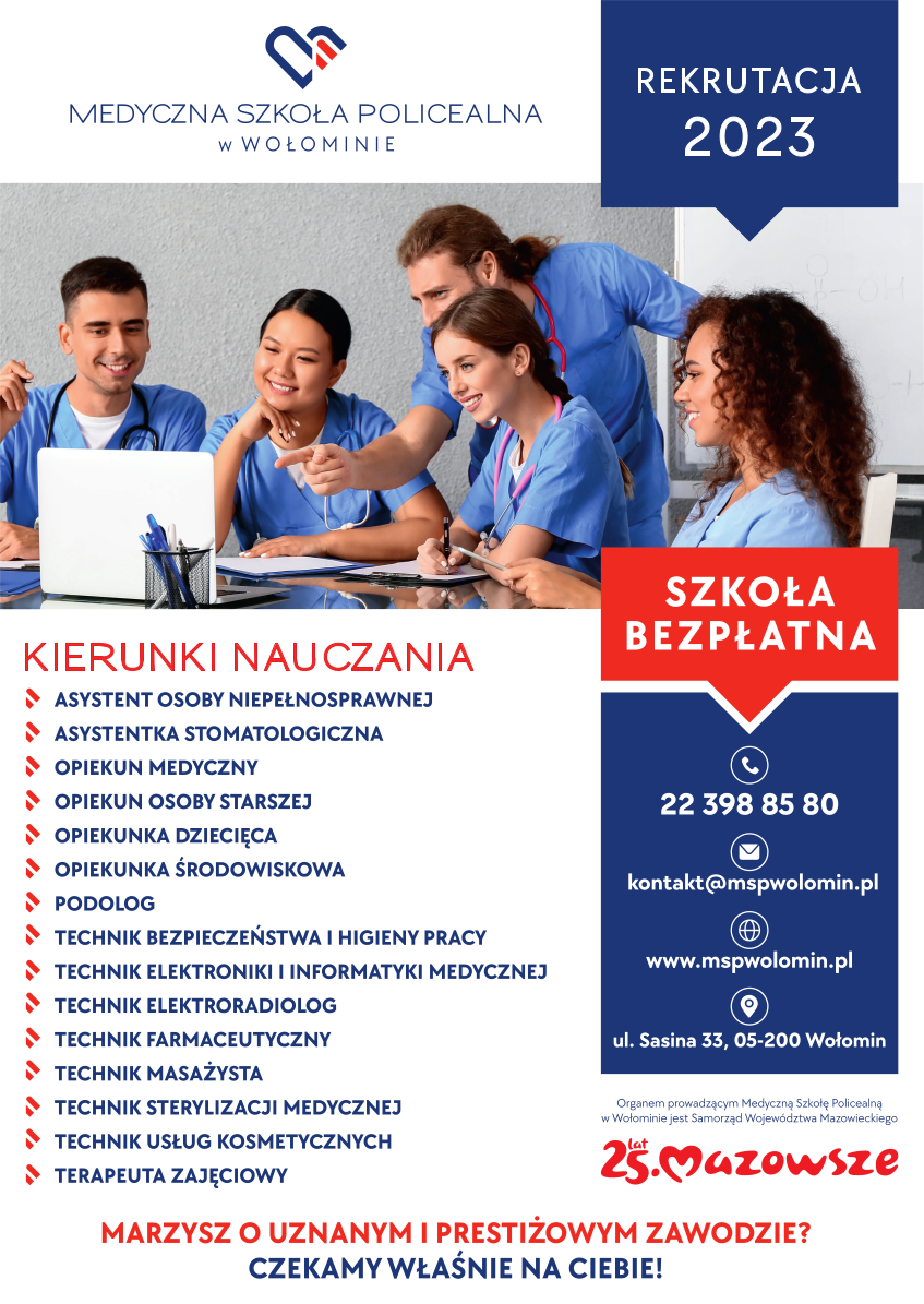 Nowa, bezpłatna placówka edukacyjna na mapie powiatu wołomińskiego! Od września swoje drzwi dla słuchaczy otwiera Medyczna Szkoła Policealna w Wołominie.